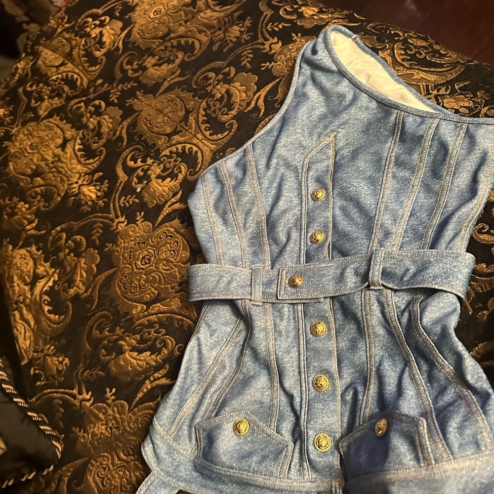 Balmain Blue Denim-Print Bandeau One-Piece Swimsuit - Picture 9 of 16